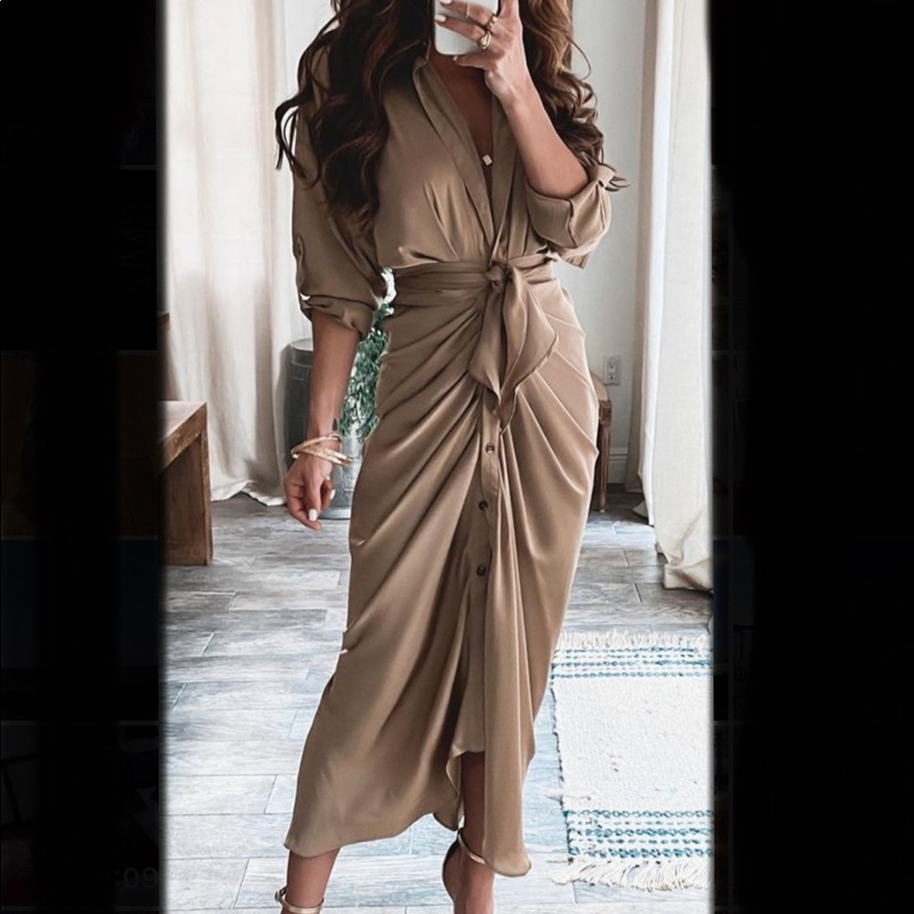 High Slit Button front Long Sleeve Shirt Dress NWT